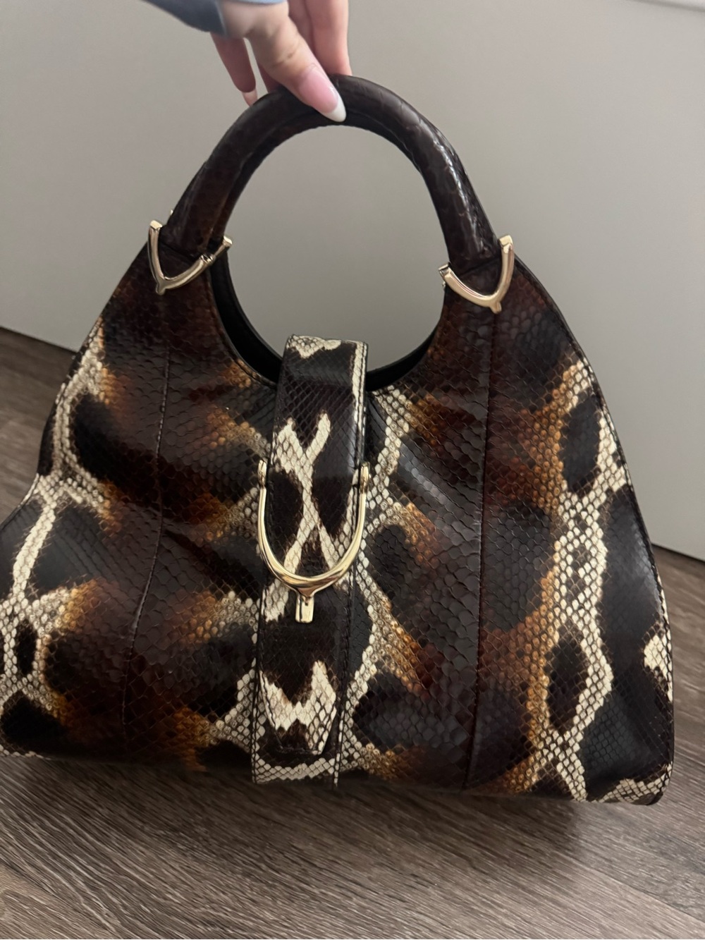 Gucci Brown & Cream Python-Print Satchel with Gold Hardware